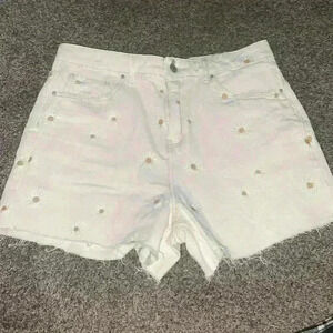 Khaki and Blue high waisted sunflower jean shorts